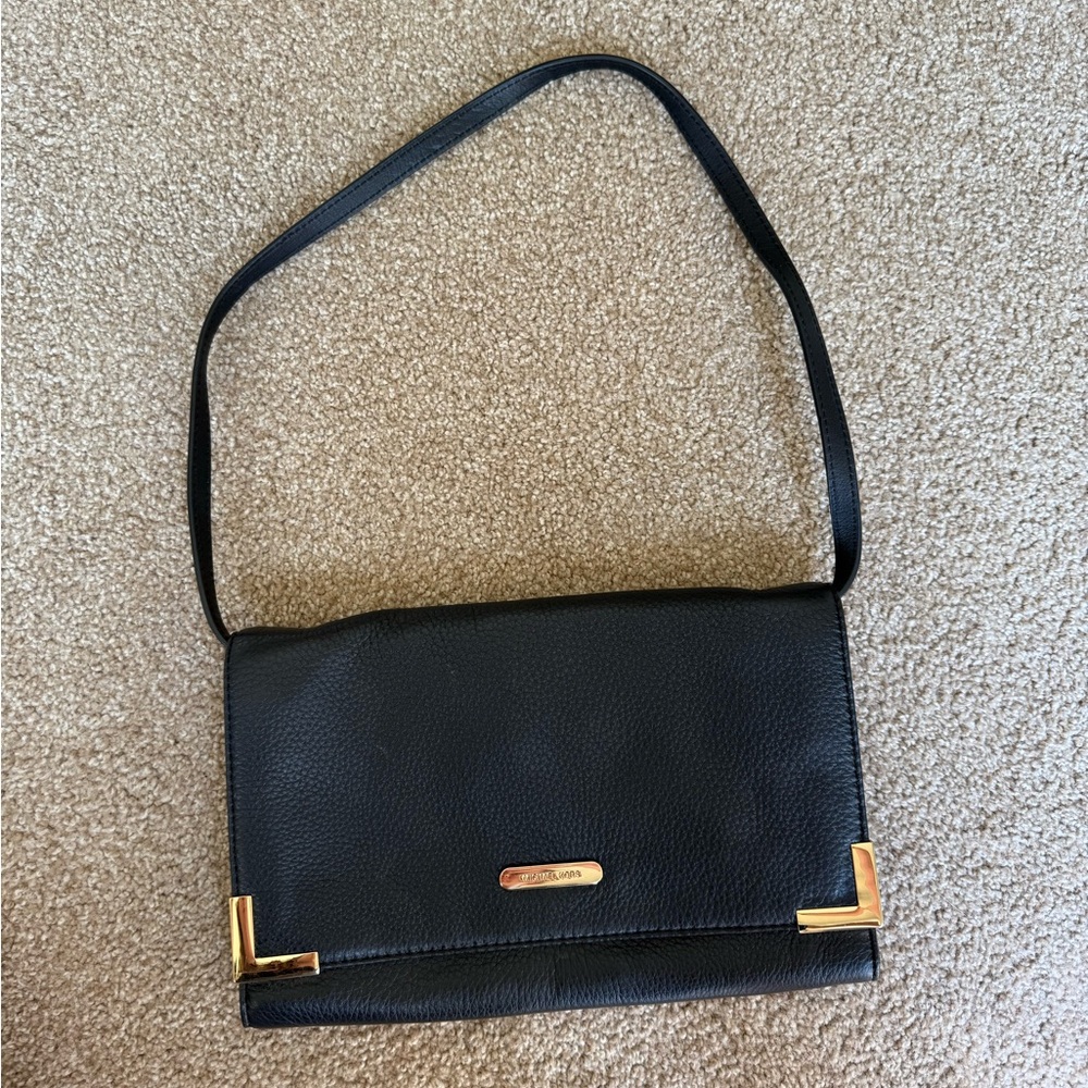 Michael Kors BEVERLY Convertible Black Leather Shoulder Bag with Gold Accents